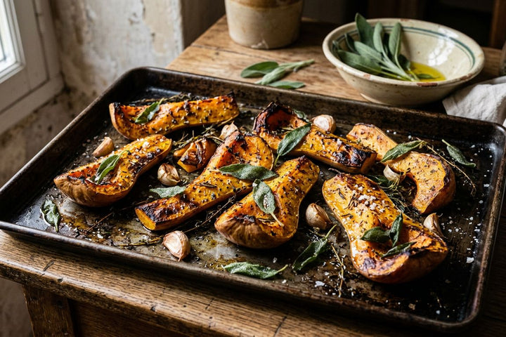 Quartiers de butternut rôtis au four avec leur peau, ail en chemise et sauge croustillante, sur une plaque
