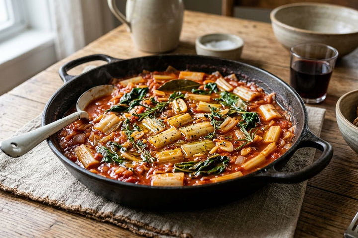 Côtes de blettes mijotées à la tomate, oignon, ail et thym dans une cocotte en fonte