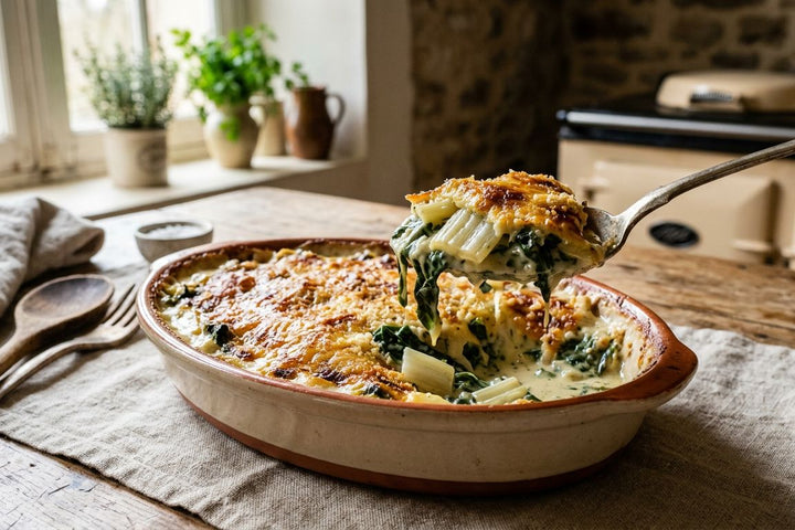 Gratin de blettes à la béchamel doré au comté, une cuillère soulève une part