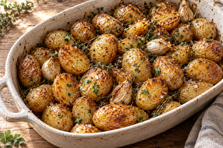 Grenailles rôties au four avec ail en chemise, thym et persil dans un plat à gratin