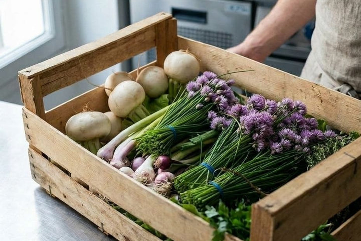 Cageot de navets nouveaux, ciboulette en fleur et oignons nouveaux en cuisine professionnelle
