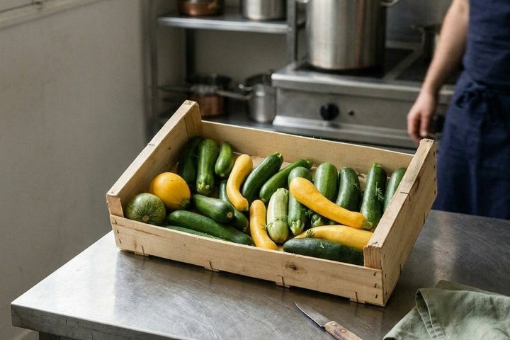 Cageot de courgettes vertes et jaunes de saison livré en cuisine professionnelle