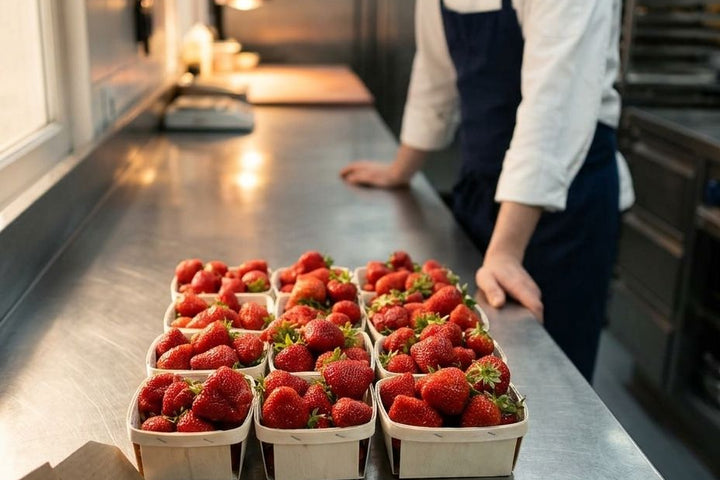 Barquettes de fraises fraîches d'Île-de-France livrées à un chef en cuisine