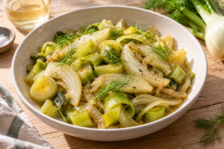 Compotée de poireaux et de fenouil au vin blanc, garnie de pluches d'aneth