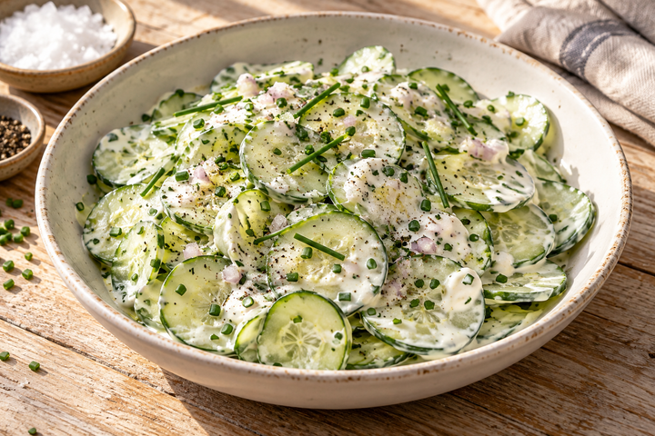 Salade de concombre en rondelles à la crème, ciboulette ciselée et poivre concassé