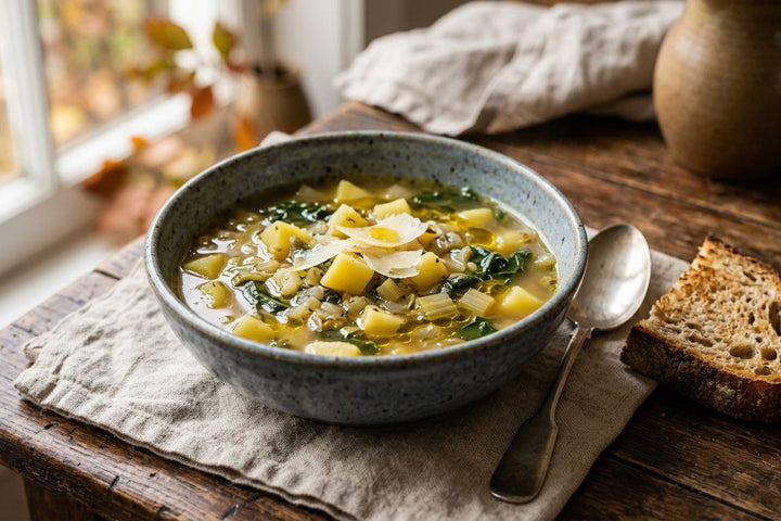 Soupe de blettes et pommes de terre en morceaux, filet d'huile d'olive et copeaux de parmesan