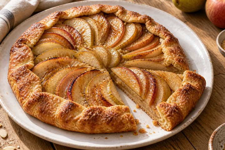 Tarte rustique aux pommes et aux poires en rosace sur pâte dorée, une part découpée