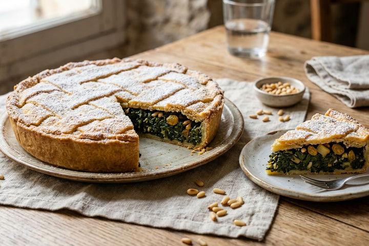 Tourte de blettes niçoise sucrée au sucre glace, une part découpée montrant la farce verte aux raisins et pignons