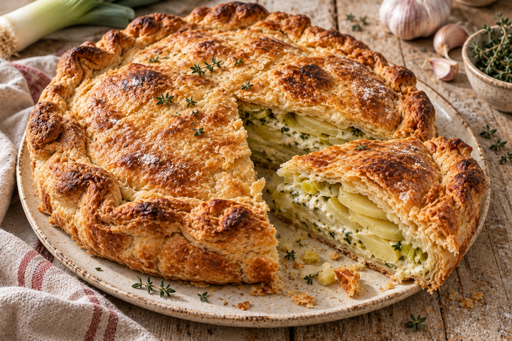 Tourte feuilletée aux pommes de terre et aux poireaux, coupée pour montrer les couches